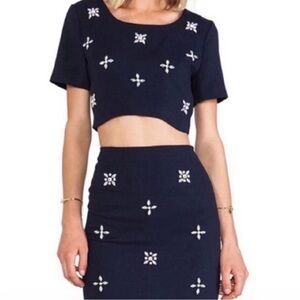 JOA Navy Crop Top and Skirt Set with Embellishments Small